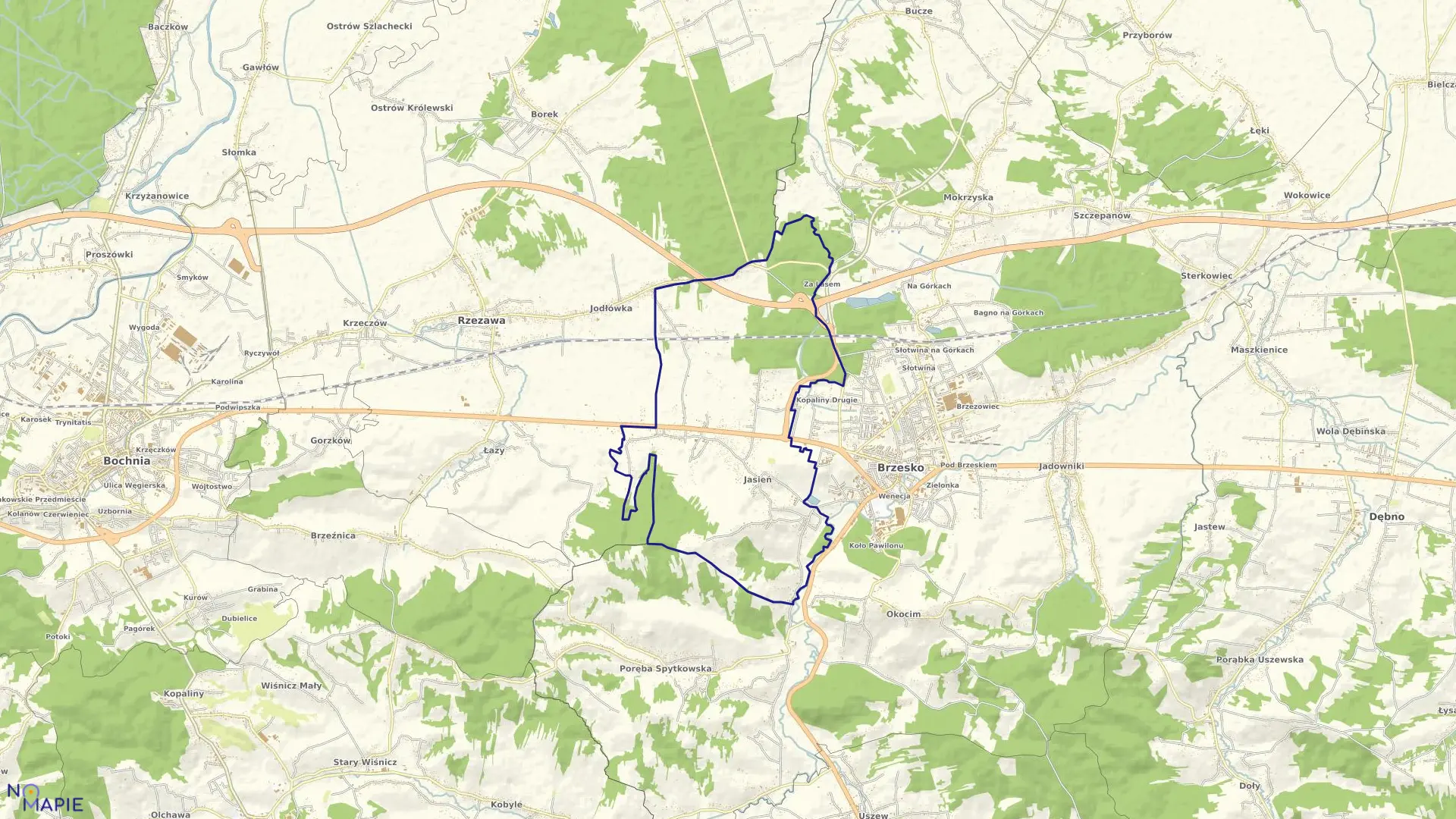 Mapa obrębu Jasień w gminie Brzesko