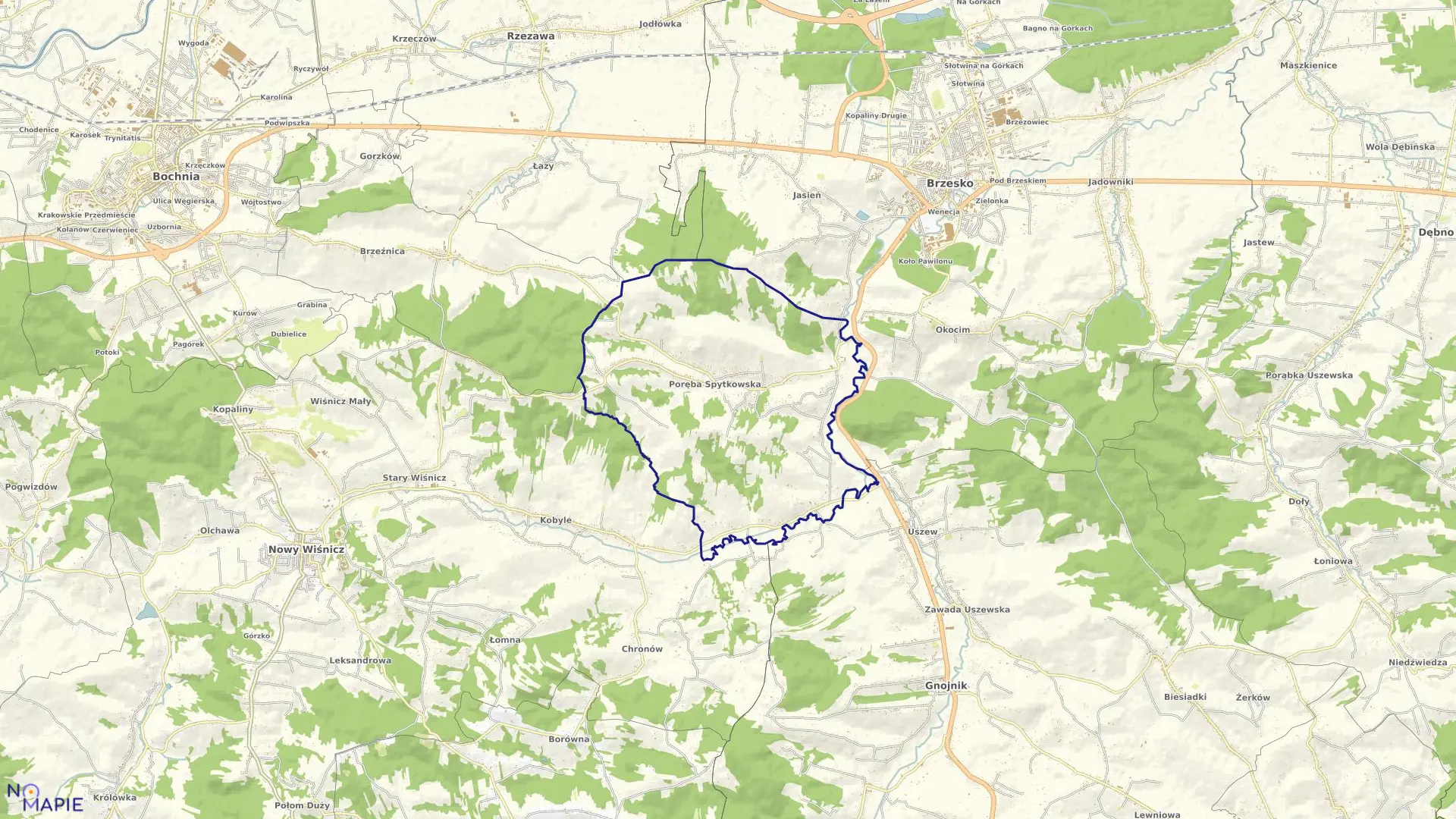 Mapa obrębu Poręba Spytkowska w gminie Brzesko